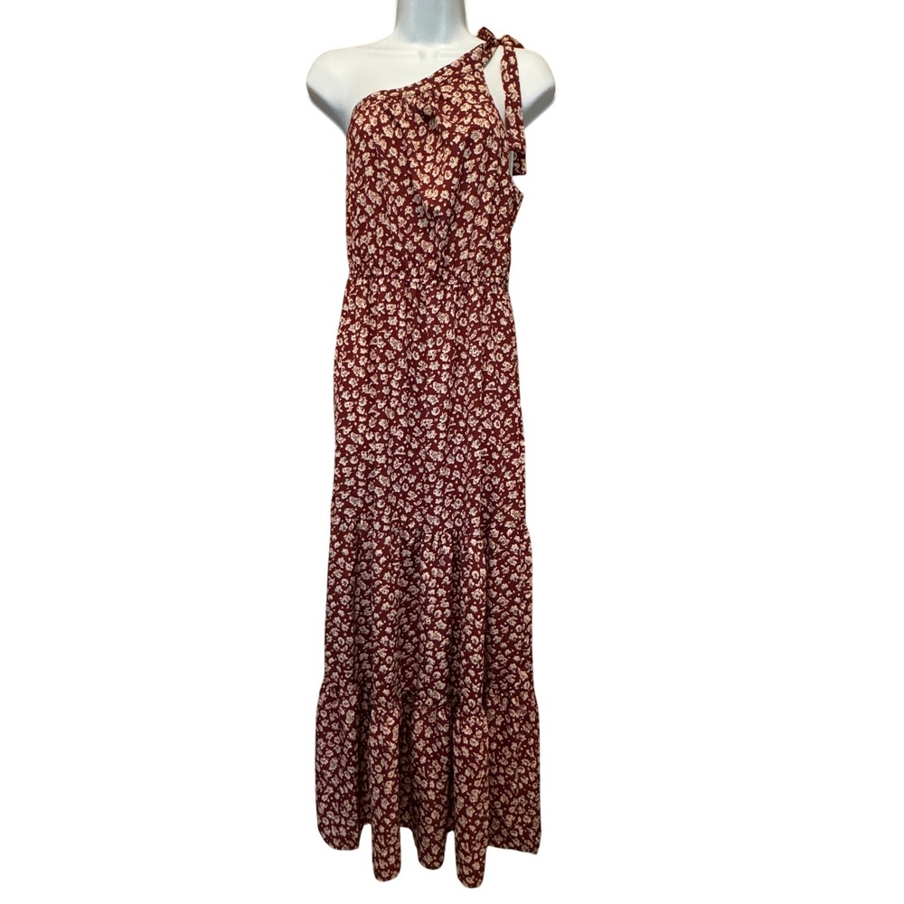 One Shoulder Floral Tiered Maxi Dress M Burgundy Coastal Summer Wedding Garden